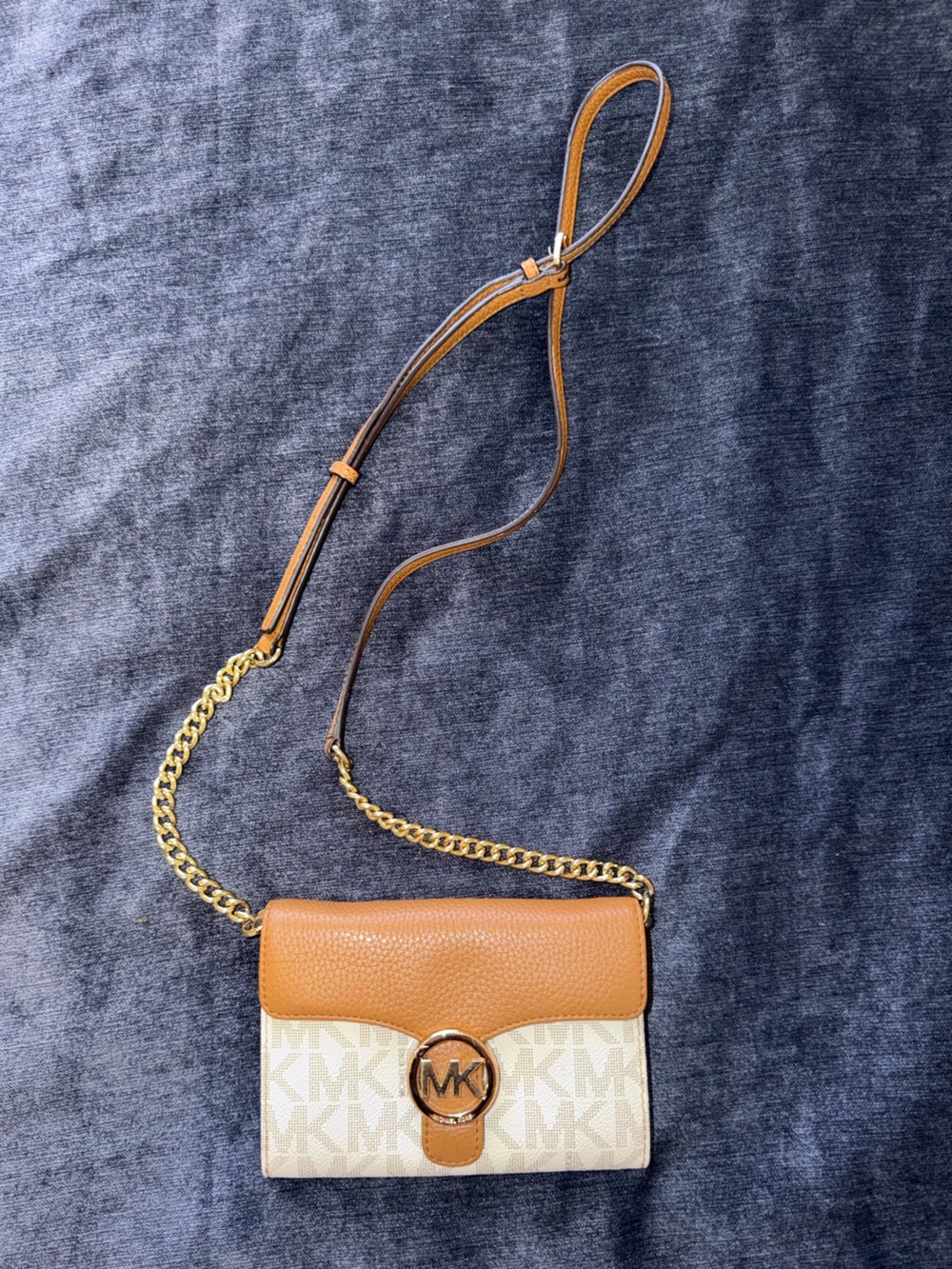 Michael Kors Tan and Cream Logo Crossbody with Gold Hardware